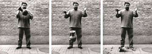 Three images showing a middle-aged Chinese man holding an urn, dropping it and then standing over the smashed pieces